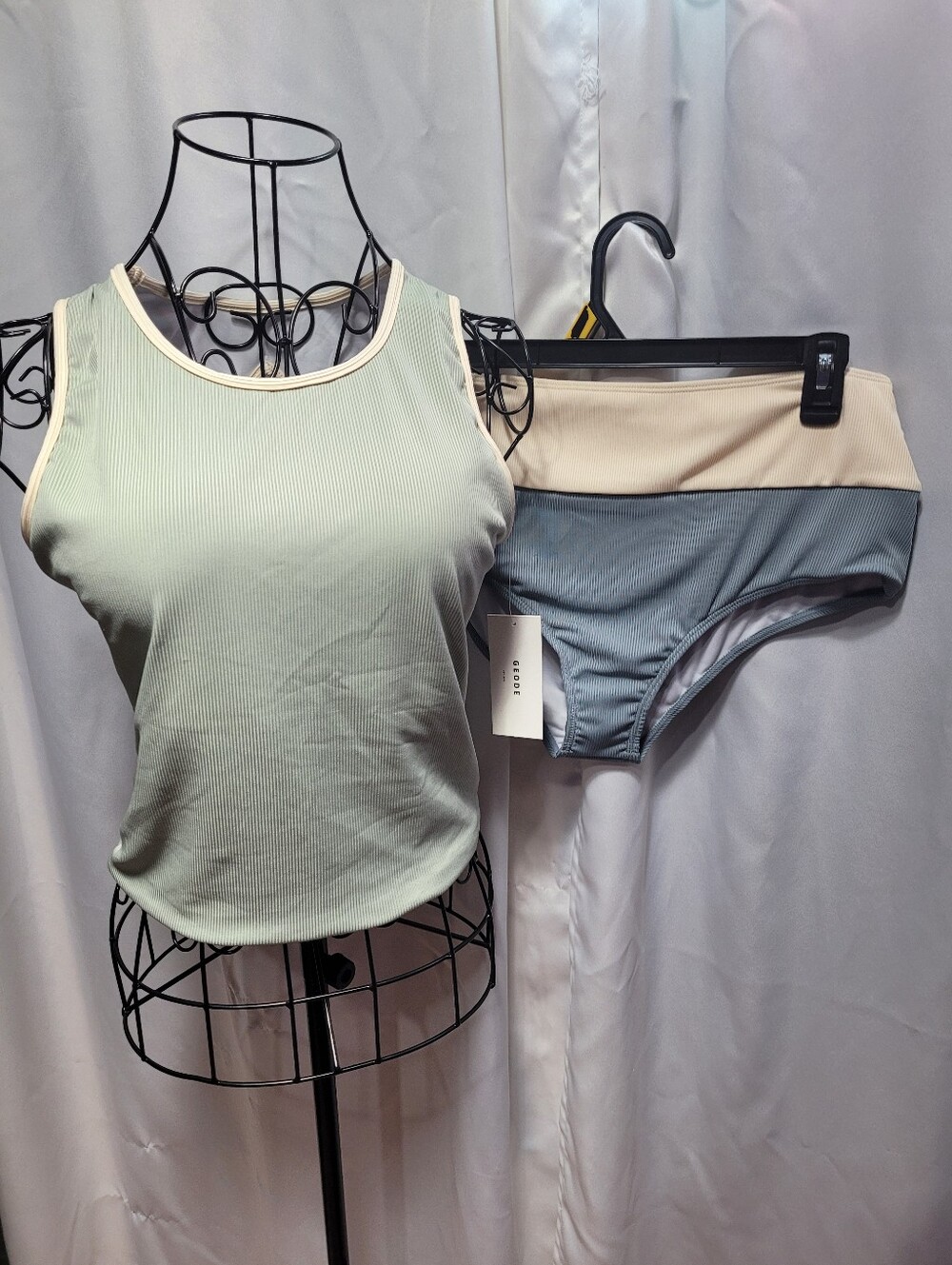 Ribbed Tank Top & Bikini Brief Set in Sage Green and Cream